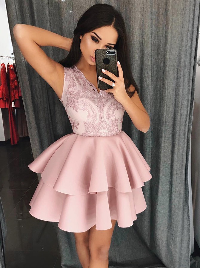 Newest Lace Ruffled A-line Sleeveless Short Homecoming Dress-newarrivaldress