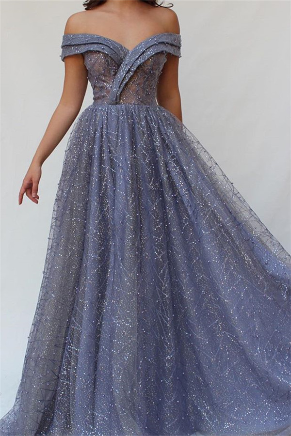 Gorgeous A-Line Off The Shoulder Tulle Beaded Prom Dresses-newarrivaldress