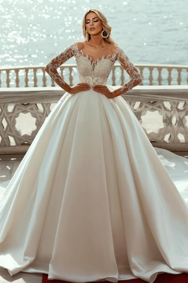 Glamorous Long Sleeves Wedding Dress Crystals Pearls Satin Bridal Gown-newarrivaldress