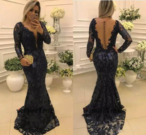 Modern Long Sleeve Mermaid V-neck Lace Zipper Mother Of Bride Dress-newarrivaldress