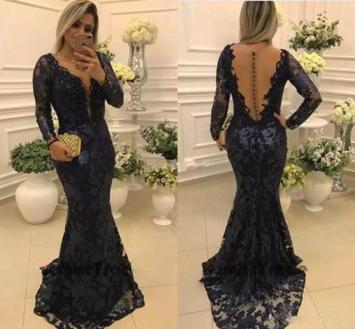 Modern Long Sleeve Mermaid V-neck Lace Zipper Mother Of Bride Dress-newarrivaldress