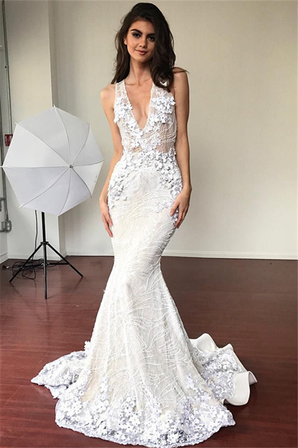 Sexy Mermaid V-neck Sleeveless Wedding Dresses | Elegant Lace Flowers Bridal Gowns 2021-newarrivaldress