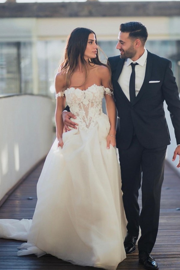 Stylish Off-the-Shoulder White Weding Dress Floral Tulle Bridal Dress-newarrivaldress
