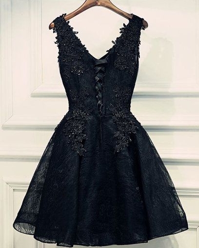 Lace Appliques Beads V-Neck Lace-Up Black Sexy Short Homecoming Dresses BA6904-newarrivaldress