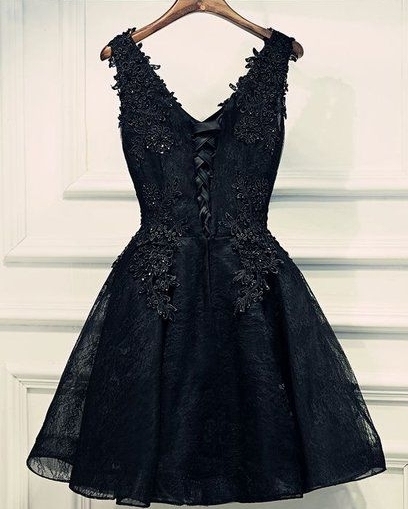 Lace Appliques Beads V-Neck Lace-Up Black Sexy Short Homecoming Dresses BA6904-newarrivaldress