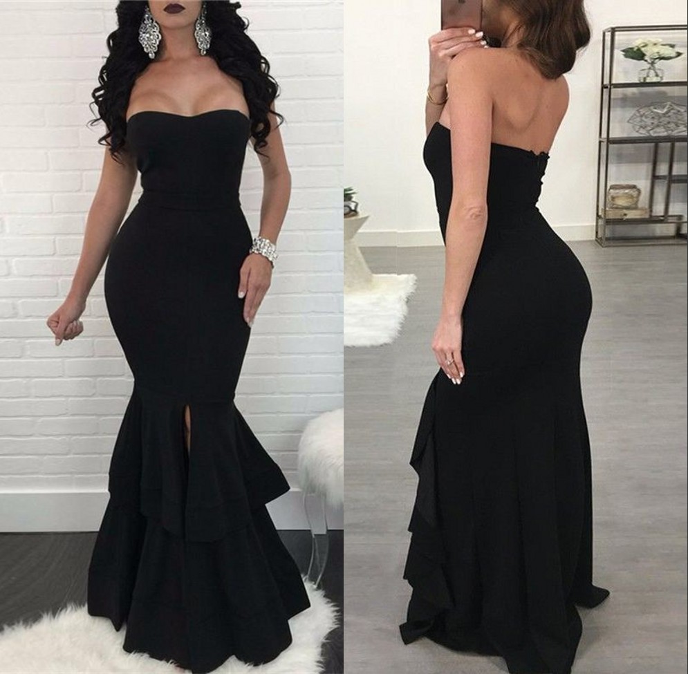 Sexy Black Mermaid Evening Dress |Ruffles Prom Dress With Slit-newarrivaldress