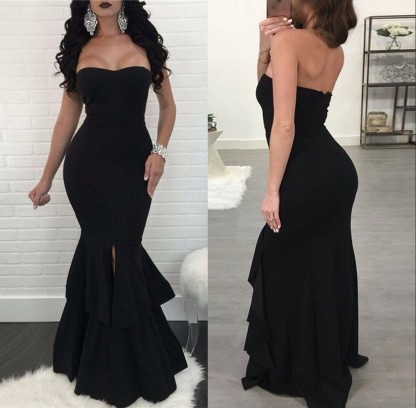 Sexy Black Mermaid Evening Dress |Ruffles Prom Dress With Slit-newarrivaldress