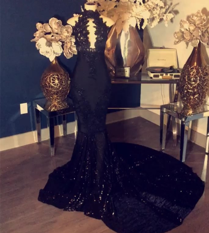 Black Appliques High Neck Sleeveless Mermaid Long Prom Dresses-newarrivaldress
