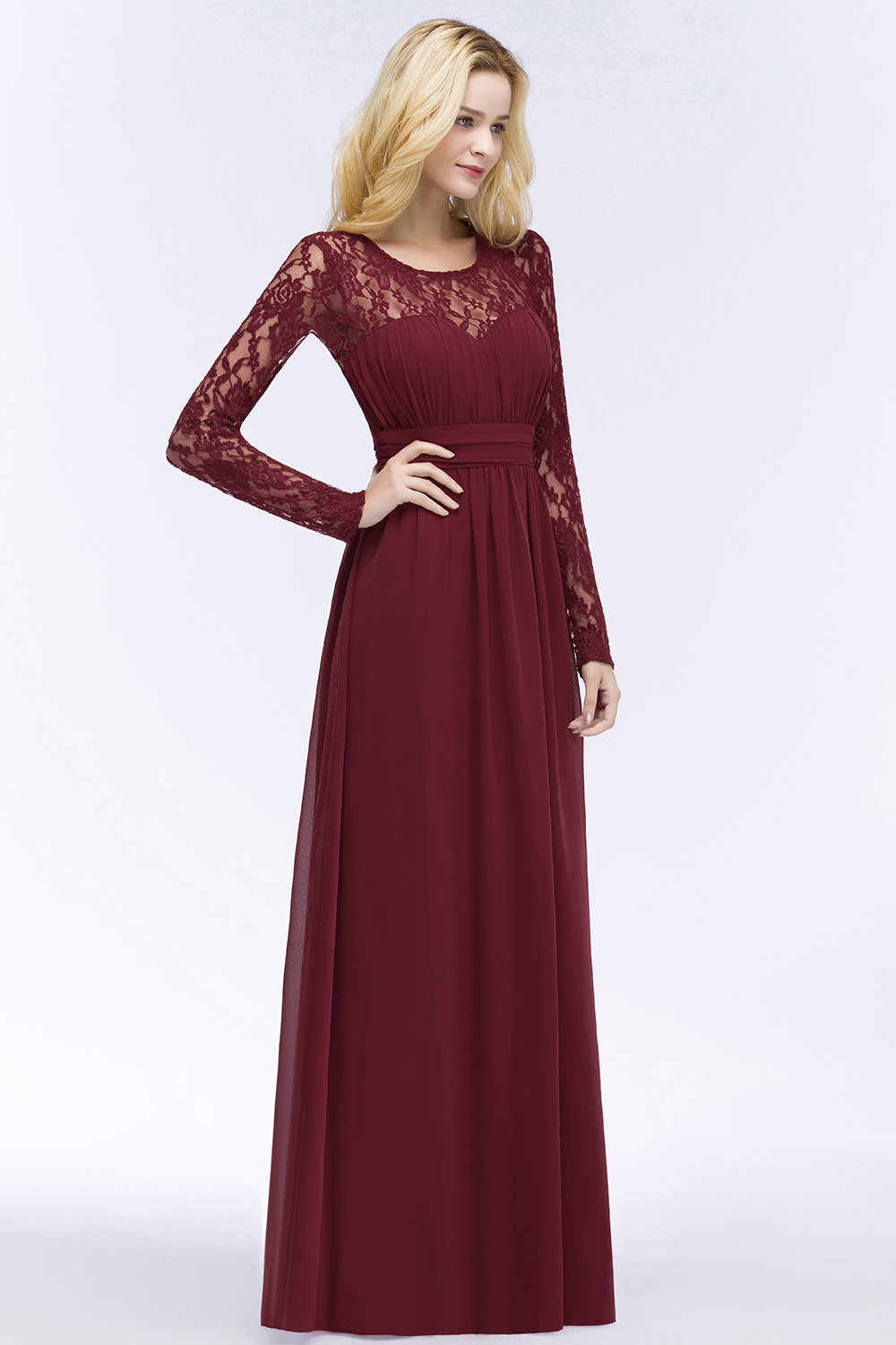 ROSALIE | A-line Floor Length Long Sleeves Lace Chiffon Bridesmaid Dresses-newarrivaldress