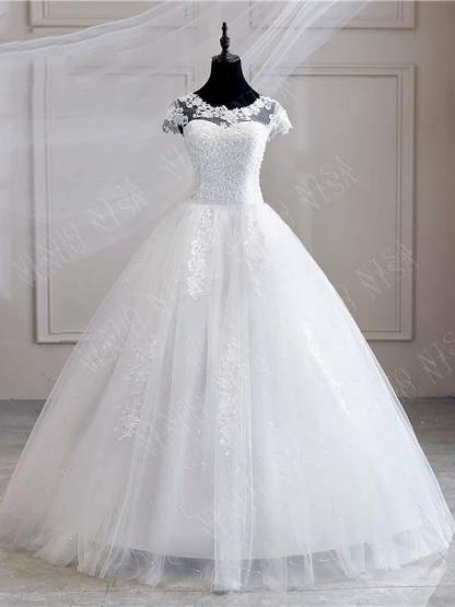 Cap Sleeves White Tulle lace Appliques Wedding Gown Aline Floor Length Bridal Dress-newarrivaldress