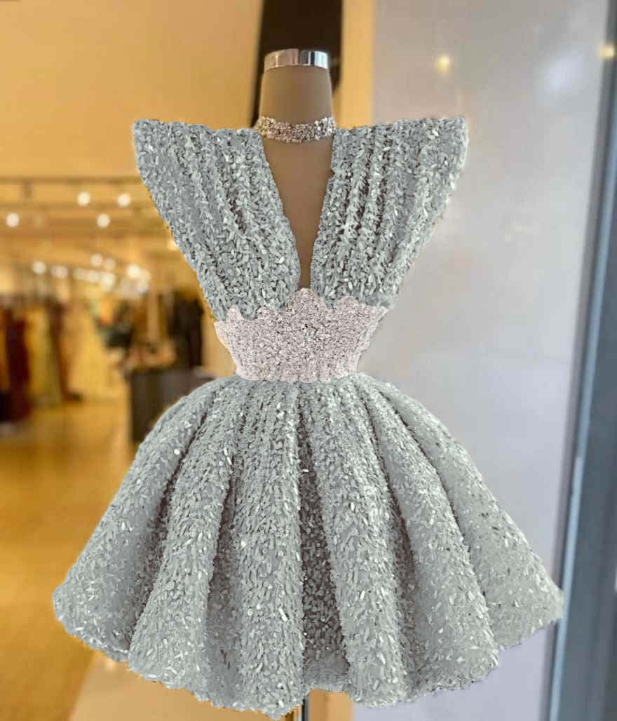 V Neck Sleeveless A Line Short Prom Dress With Pleated Sequins