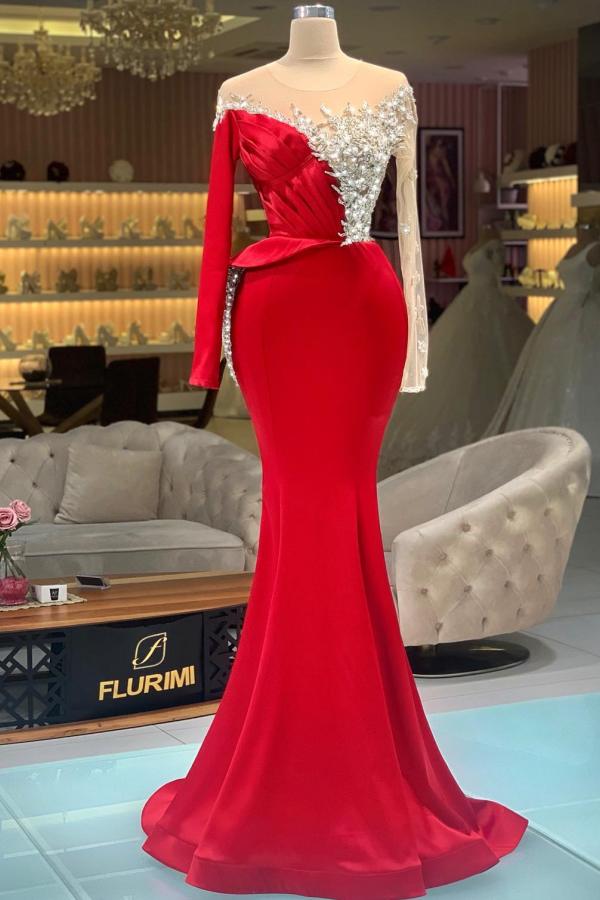 Crew Neck Long Sleeves Red Satin Long Mermaid Prom Dress with Glitter Crystals-newarrivaldress