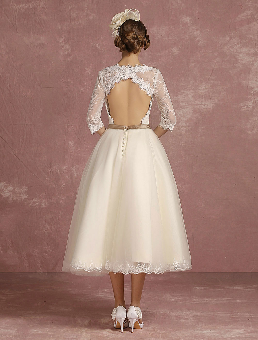 Vintage Wedding Dress Short Lace Tulle Bridal Dress Half Sleeve V Neck Backless A Line Flower Sash Tea Length Bridal Gown Exclusive-newarrivaldress
