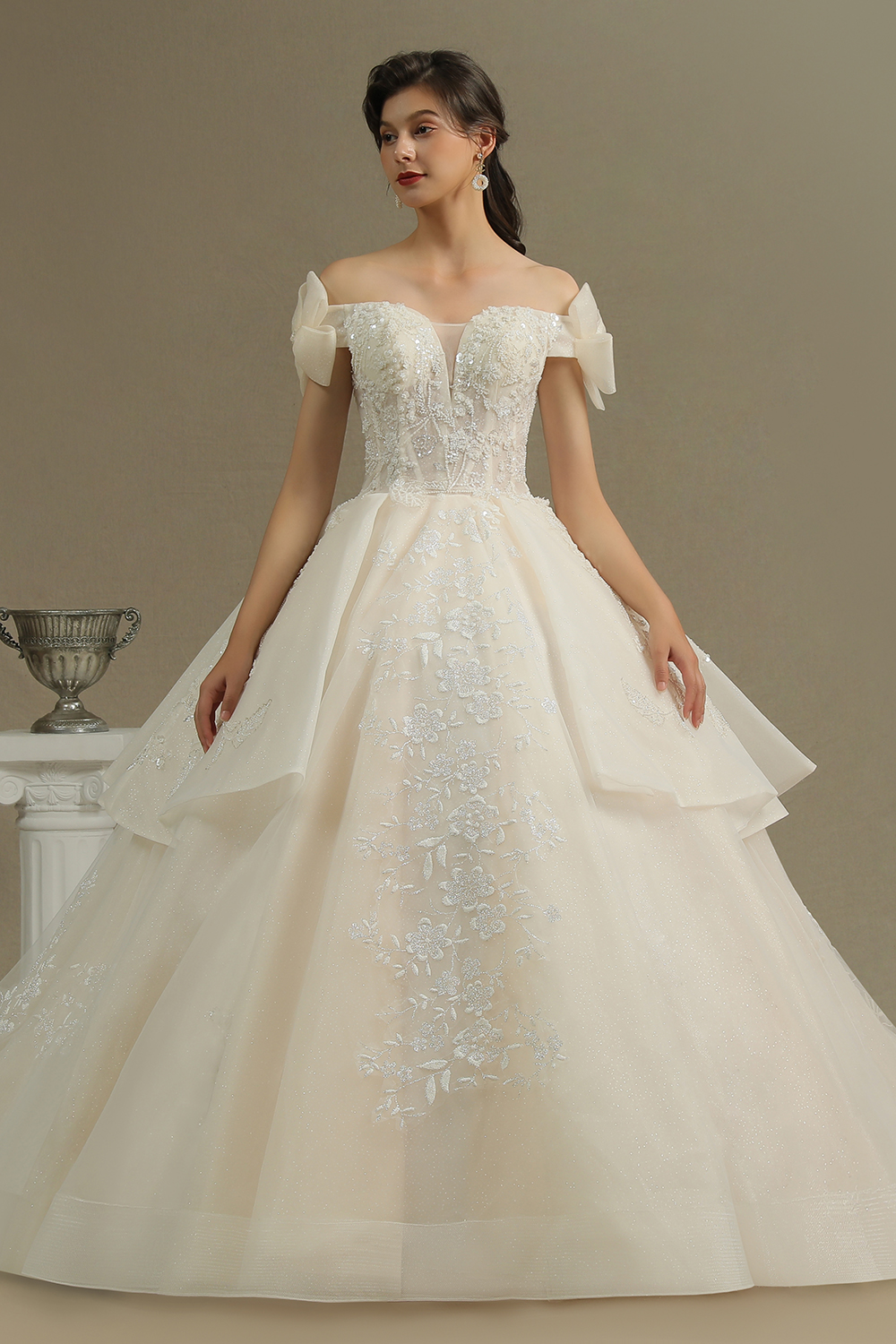 Off Shoulder Aline White Princess Bridal Gown Floor Length Lace Wedding Dress