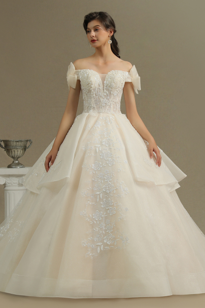 Off Shoulder Aline White Princess Bridal Gown Floor Length Lace Wedding Dress