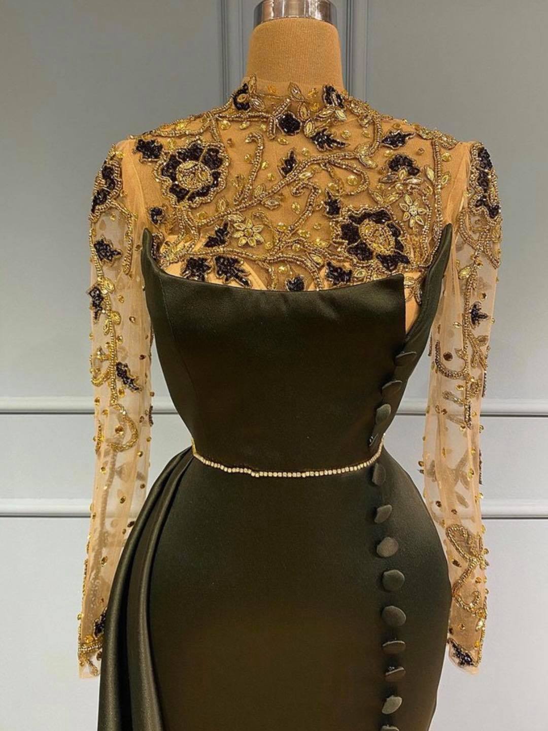 Black Long Sleeves Mermaid Prom Dress Shiny Gold Rhinestones Beads with Sweep Trumpt Train-newarrivaldress