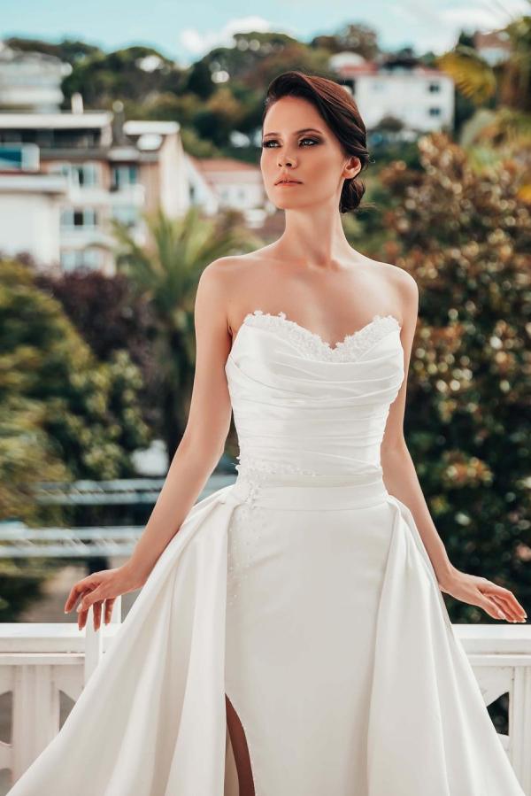 Gorgeous Strapless Ruched Satin Long Bridal Gown Side Slit with Sweep Train-newarrivaldress