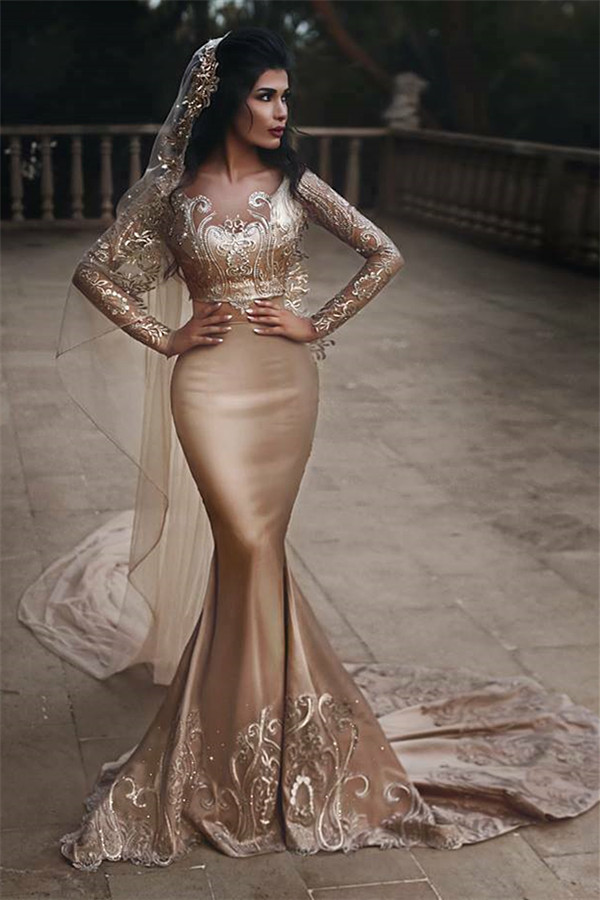 Gold Lace Appliques Two Piece Prom Dresses | Long Sleeve Mermaid Sexy Wedding Dress Gold Lace Appliques Two Piece Prom Dresses | Long Sleeve Mermaid Sexy Wedding Dress
