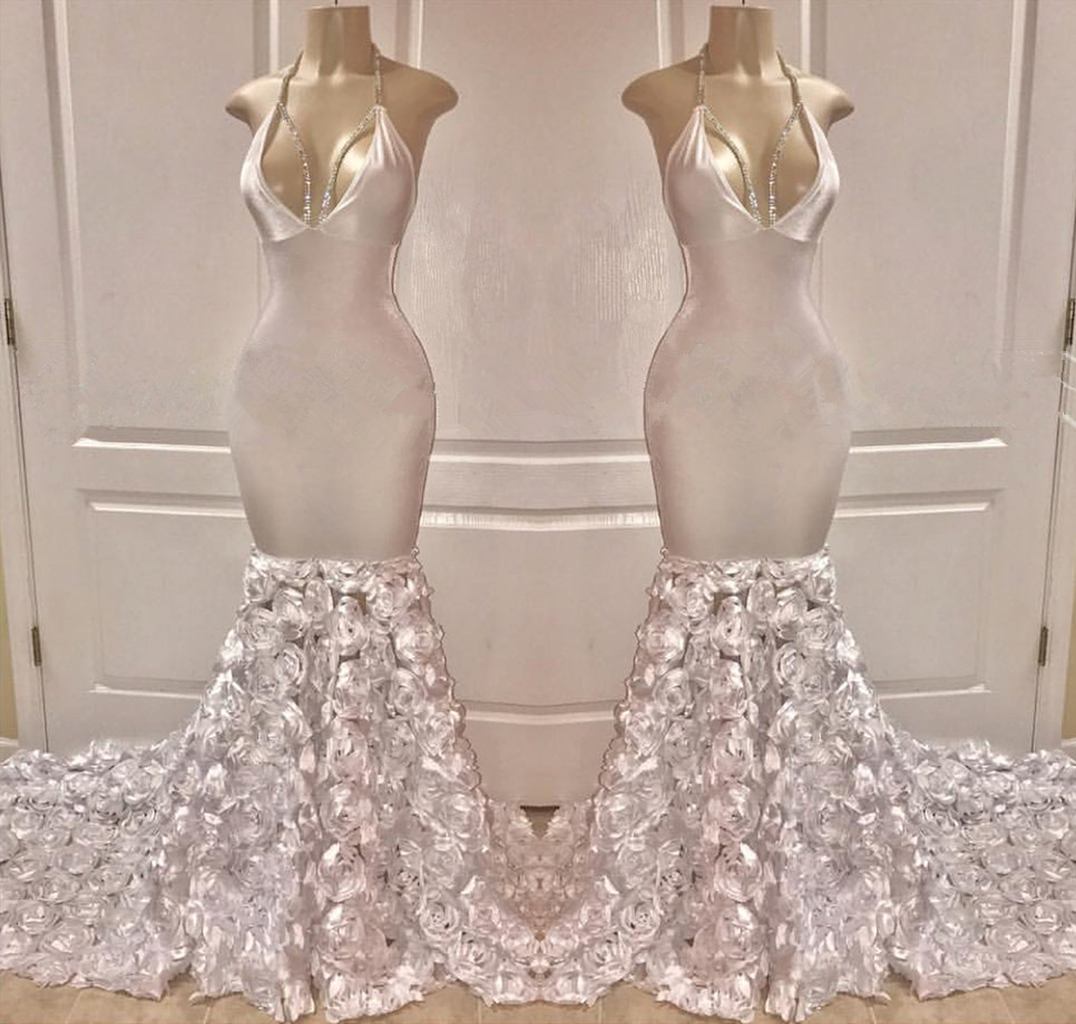 Chic Halter Deep V-Neck Flower Sexy Mermaid Prom Dresses-newarrivaldress