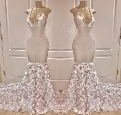 Chic Halter Deep V-Neck Flower Sexy Mermaid Prom Dresses-newarrivaldress