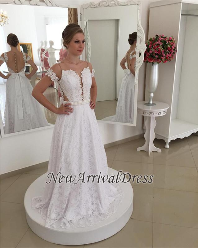 Short Sleeves See Through Lace Wedding Dresses | Bowknot Sexy Bridal Gowns-newarrivaldress