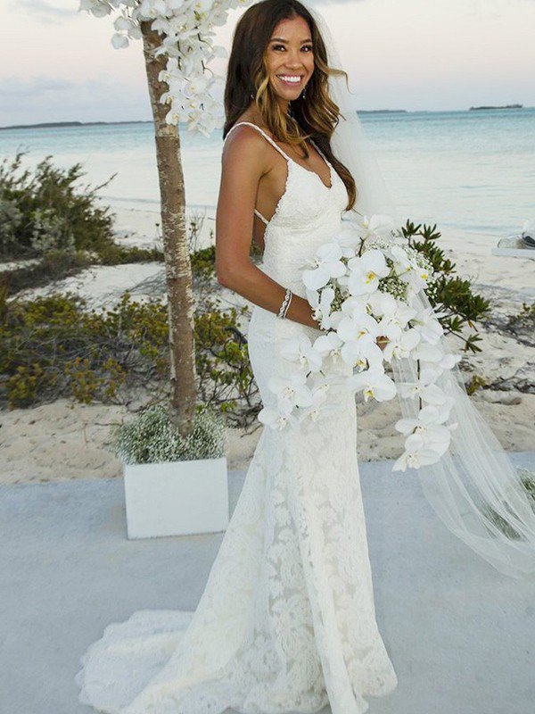 Spaghetti Straps Lace Sleeveless Bridal Gowns Sexy | Mermaid Sweep Train Wedding Dresses