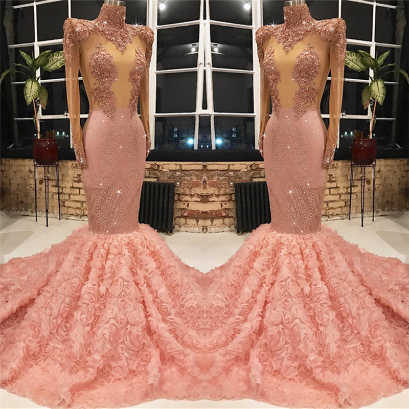 Long Sleeve Long Prom Dresses for Juniors Online | Mermaid Lace Appliques Pink Formal Dresses BC1133-newarrivaldress