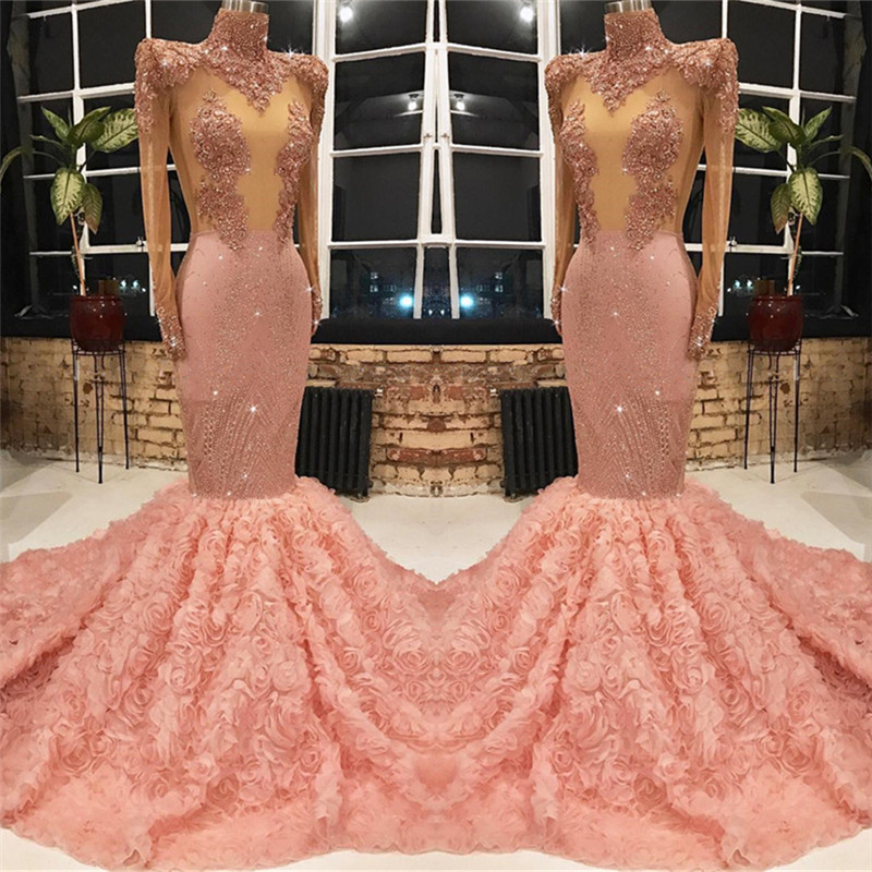 Long Sleeve Long Prom Dresses for Juniors Online | Mermaid Lace Appliques Pink Formal Dresses BC1133-newarrivaldress
