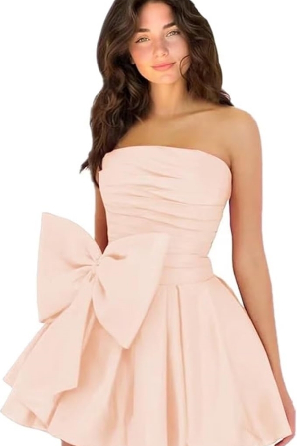 Simple Strapless Ruffle Satin Short Homecoming Dress Sleeveless Mini Party Dress with Bow-newarrivaldress