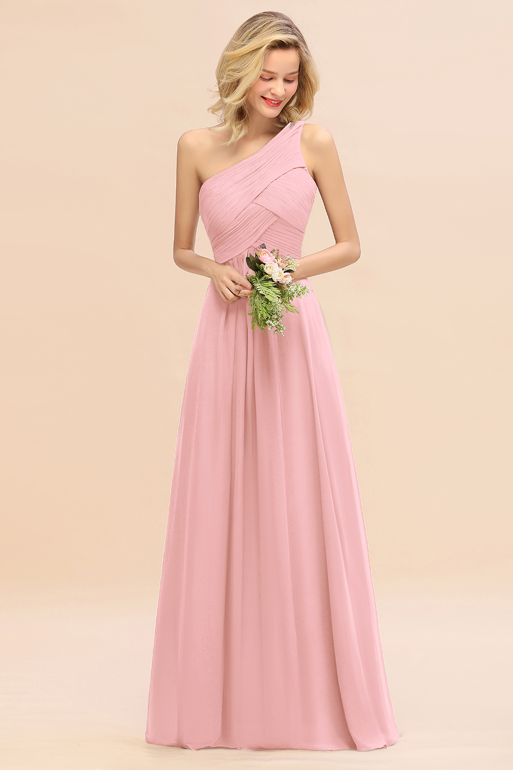 Elegant Ruched Chiffon One Shoulder Bridesmaid Dress Long Sleeveless Evening Dress-newarrivaldress