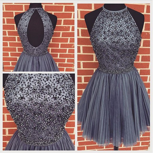 Halter Crystals Beaded Short Cocktail Dresses Ruched Open Back Mini Homecoming Dresses-newarrivaldress