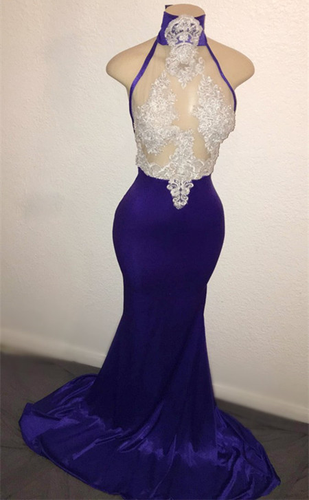 Elegant High Neck Appliques Sheer Tulle Sleeveless Mermaid Long Prom Dresses-newarrivaldress