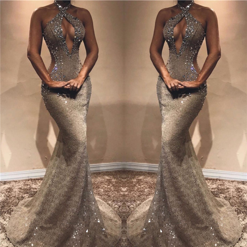 Halter Open Back Long Prom Dresses | Shiny Beads Crystals Illusion Mermaid Formal Gowns-newarrivaldress