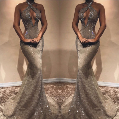 Halter Open Back Long Prom Dresses | Shiny Beads Crystals Illusion Mermaid Formal Gowns-newarrivaldress