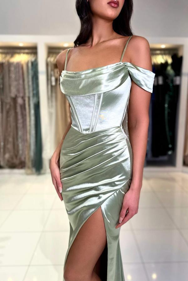 Amazing Off-the-Shoulder Slit Evening Dress Long Satin Formal Dress with Spaghetti Straps-newarrivaldress
