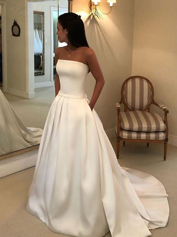 Vintage Wedding Dresses 2021 Satin Strapless A Line Floor Length Classic Bridal Gown With Train-newarrivaldress