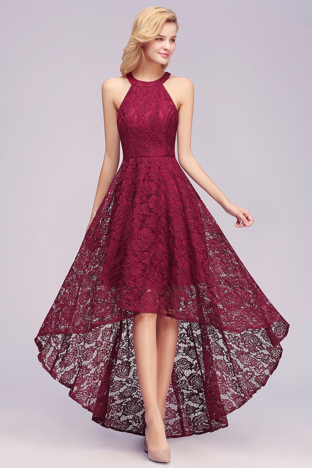 Halter Sleeveless Sheath Asymmetrical Burgundy Lace Dresses-newarrivaldress