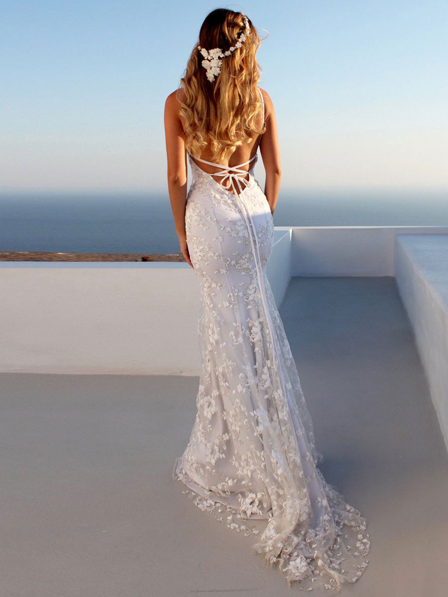 Sexy Mermaid Wedding Dress White V-Neck Backless Lace Bridal Dresses-newarrivaldress