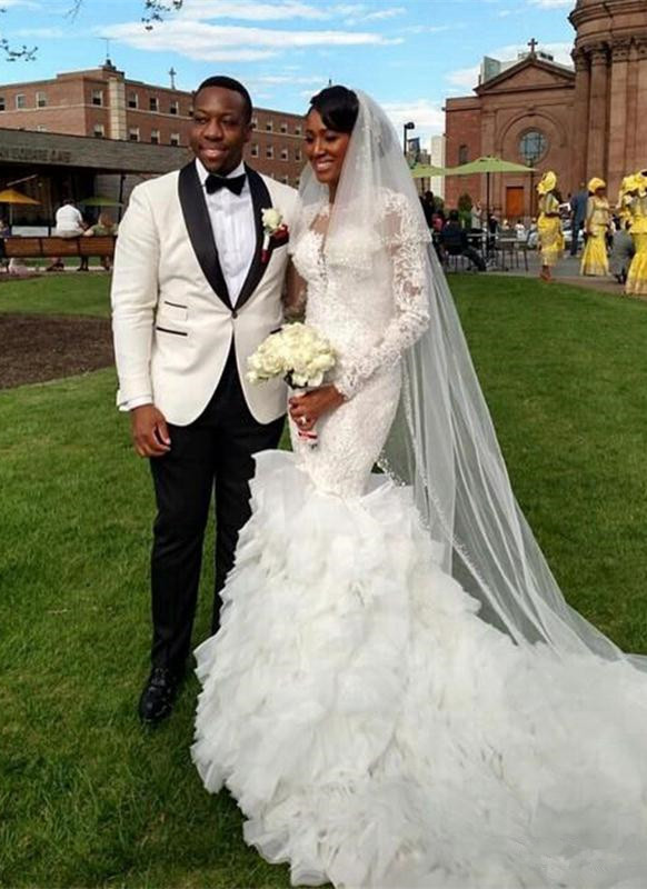 Elegant New Arrival Beautiful Lace Appliques Ruffles Mermaid Wedding Dresses-newarrivaldress