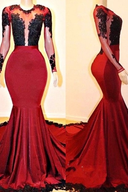 Long Sleeve Mermaid Burgundy Graduation Dresses | Balck Lace Illusion Long Prom Dresses-newarrivaldress