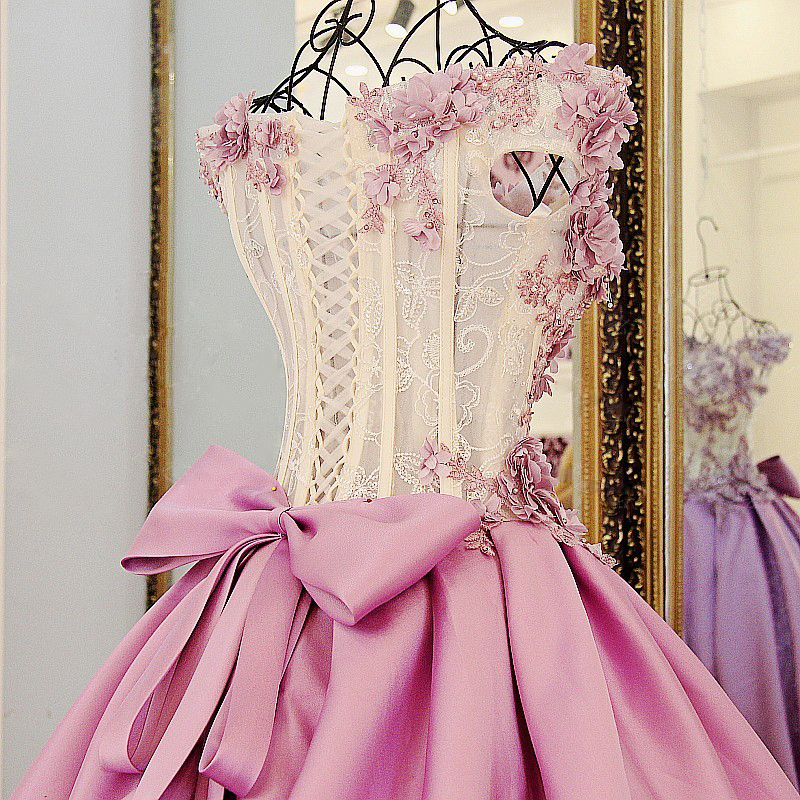 Lace Court Train A-Line Ball Gown Applique Bow Evening Dresses-newarrivaldress