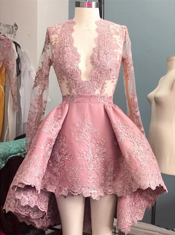 Pink Appliques Elegant Evening Gowns | Long Sleeve Hi-Lo V-Neck Prom Dresses-newarrivaldress