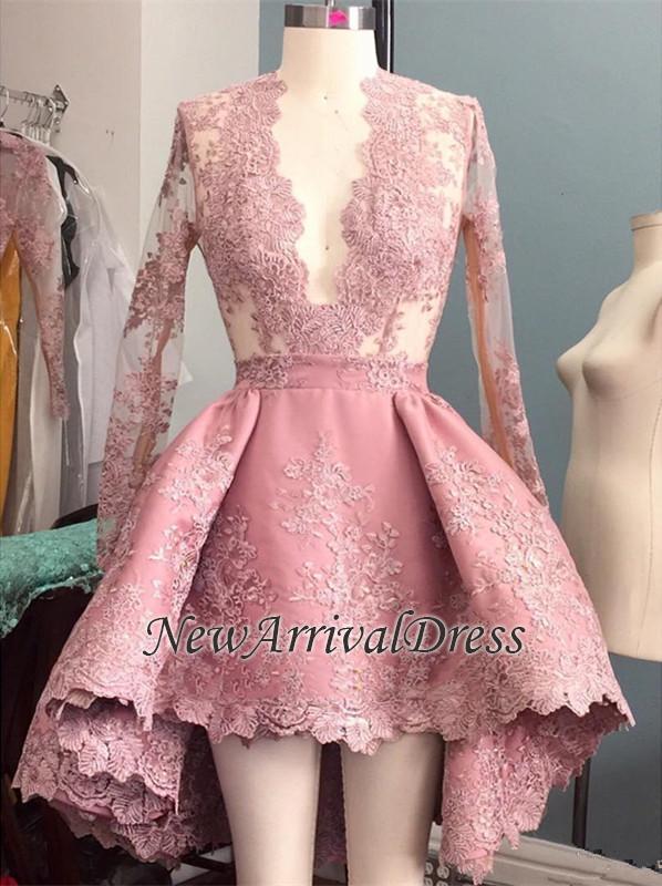 Pink Appliques Elegant Evening Gowns | Long Sleeve Hi-Lo V-Neck Prom Dresses-newarrivaldress