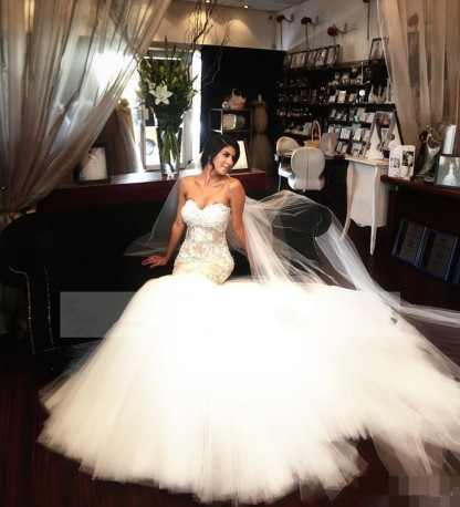 Tulle Sleeveless Elegant New Arrival Mermaid Sweetheart Beautiful Lace Appliques Wedding Dresses-newarrivaldress