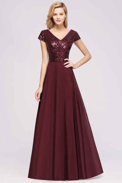 Elegant A-Line Burgundy Chiffon Sequined V-Neck Sleeveless Ruffles Floor-Length Bridesmaid Dresses-newarrivaldress