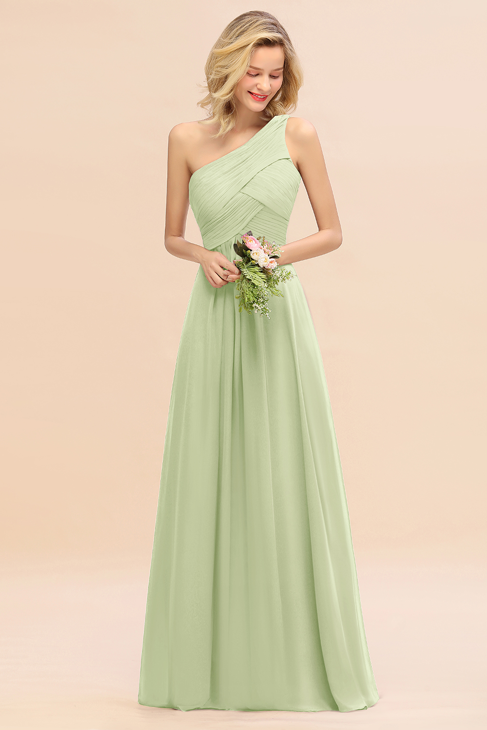 Elegant Ruched Chiffon One Shoulder Bridesmaid Dress Long Sleeveless Evening Dress-newarrivaldress