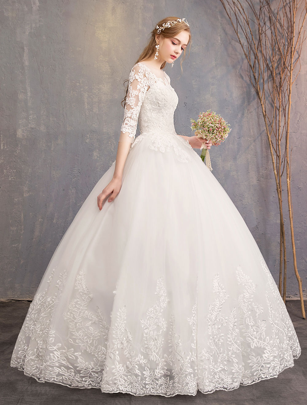 Princess Wedding Dresses Lace Illusion Neckline Half Sleeve Floor Length Bridal Gown-newarrivaldress