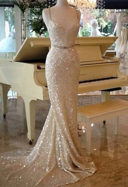 Sequined Sheath Spaghetti Strap Prom Dresses | Sleeveless Prom Dresses-newarrivaldress