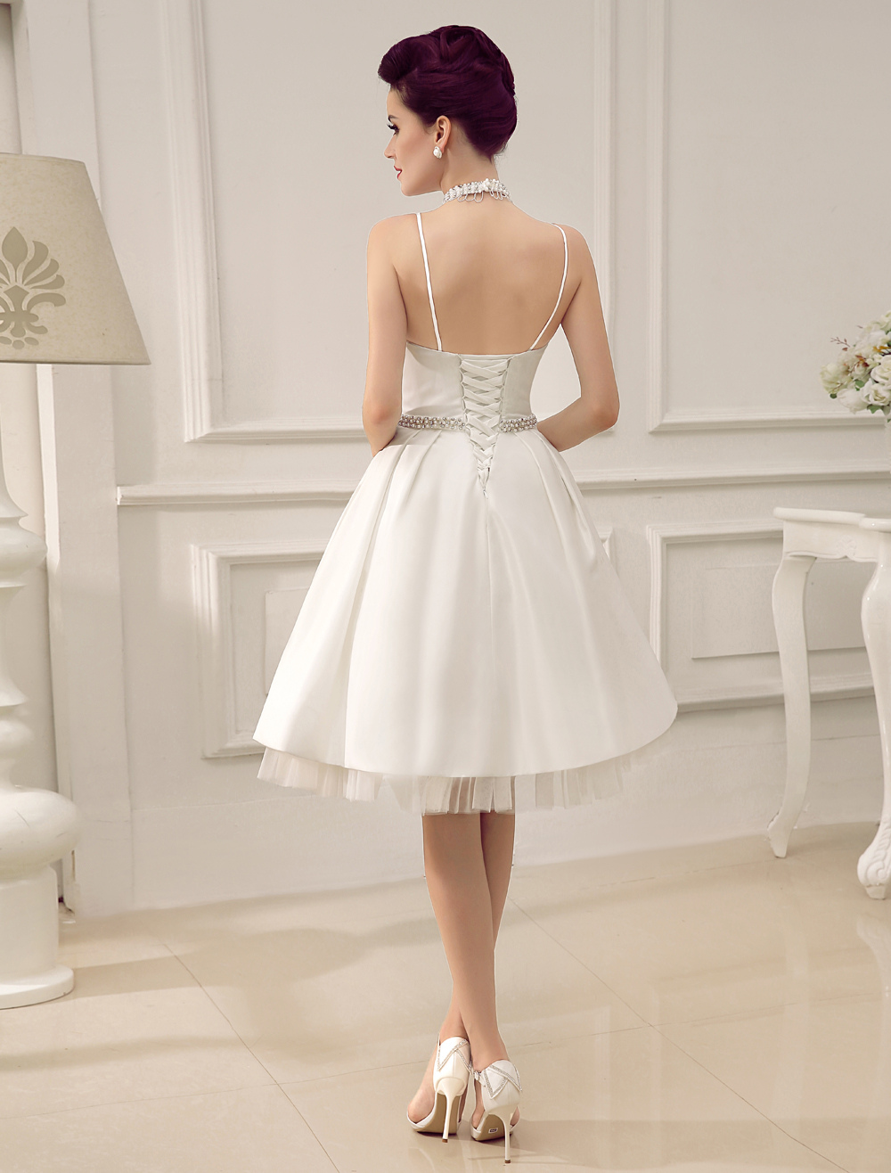 Vintage Spaghetti Straps Backless Satin Short Wedding Dress With Pearls At Waist Exclusive-newarrivaldress