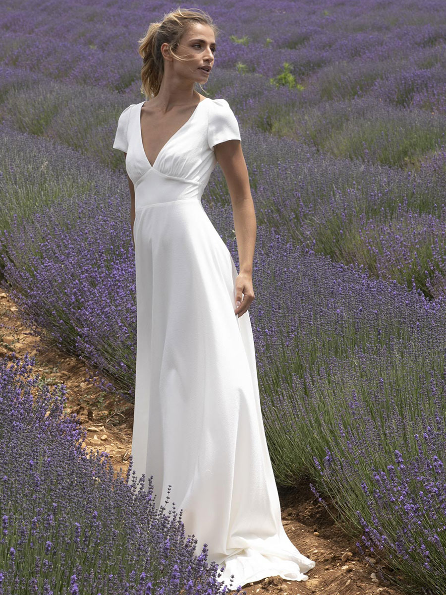 Wedding Dress With Train V Neck Short Sleeves Buttons Floor Length Bridal Dresses-newarrivaldress